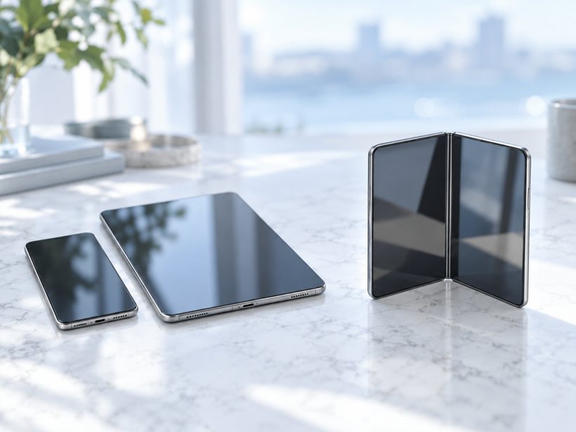 折りたたみ端末とiPhone・iPad miniを並べて比較したイメージ