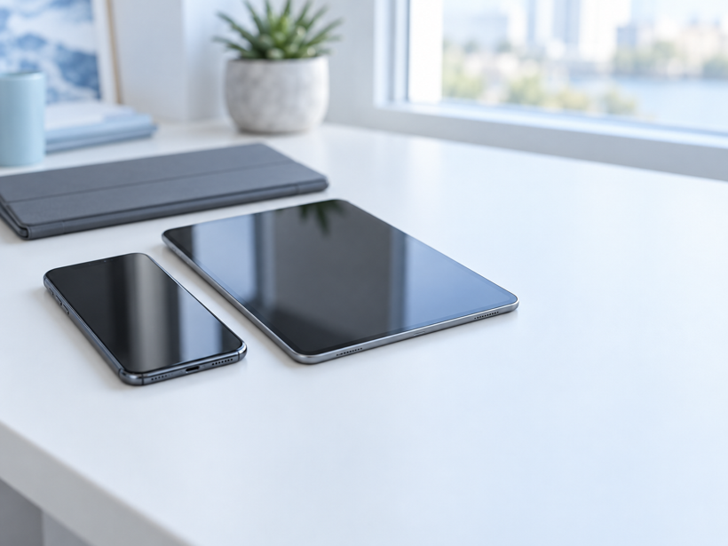 デスクに並べたiPhoneとiPad mini