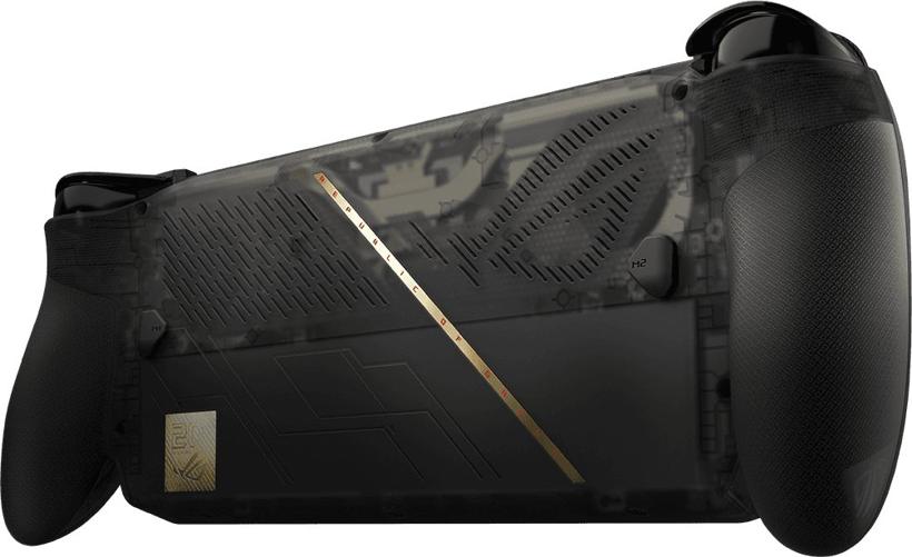 ROG XBOX Ally X20の背面。半透明ブラックの筐体からゴールドのラインと20周年ロゴが見える